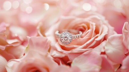 Wall Mural - engagement ring on rose petals