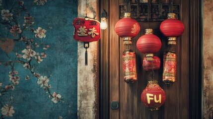 Vibrant Chinese Lanterns Adorning a Traditional Wooden Door