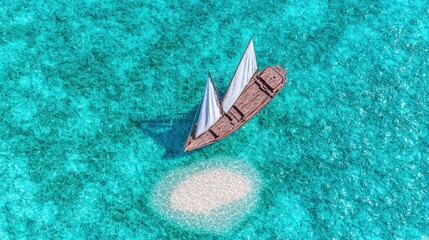 Wall Mural - Aerial View of Sailboat in Turquoise Ocean Waters