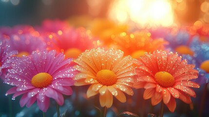 Canvas Print - Colorful Flowers in the Garden with Dew Drops and Sunlight