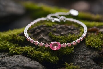 A delicate pink gemstone bracelet, elegantly placed on a bed of lush green moss, blending natural beauty with luxury in an enchanting and serene outdoor setting.