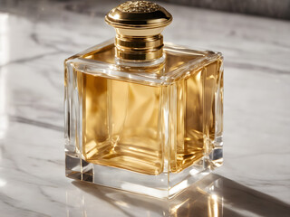 A crystal-clear perfume bottle with gold accents on a clean, white marble background with soft lighting