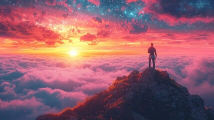 Sticker - Man Standing on Mountain Peak Above Clouds with Sunset and Starry Sky