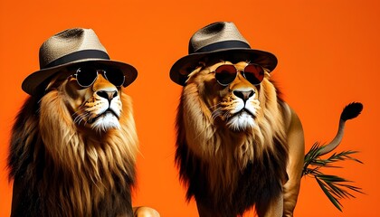 Stylish lion wearing hat and sunglasses against vibrant orange background representing adventure and safari experiences