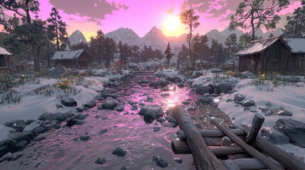 Poster - Mountain Cabin Winter Sunset   River Stream Bridge Snow Landscape