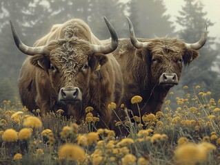 Two Highland Cows in a Field of Yellow Flowers