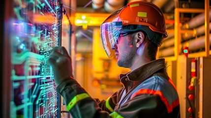 Poster - industrial worker wearing augmented reality goggles is shown working on a control panel in a factory