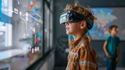 Poster - Young boy wearing a VR headset, looking fascinated at the digital world in front of him.