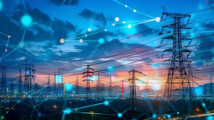 Wall Mural - Silhouettes of power lines against a sunset sky, with a network of glowing lines representing energy distribution.