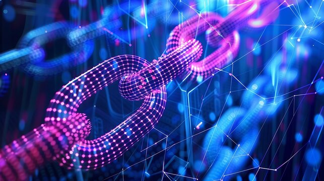 3D rendering of digital chain link with glowing blue and purple lines for illustrating secure connection and advanced blockchain technology concept.