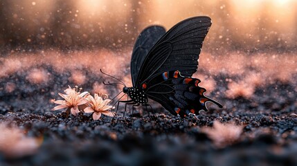 Sticker - Black Butterfly on Pink Flower with Bokeh Background