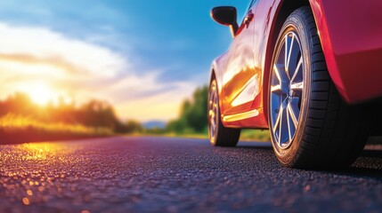 Red Car Tire On Asphalt Road At Sunset