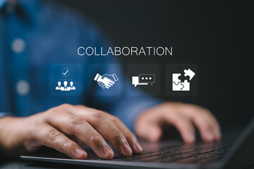 Team collaboration concept, Person using laptop with collaboration icons on virtual screen. Teamwork, company, team business and team collaboration to grow business success