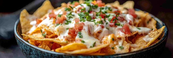 Crispy nachos topped with gooey cheese, vibrant colors, inviting textures, appetizing presentation, tempting snack experience