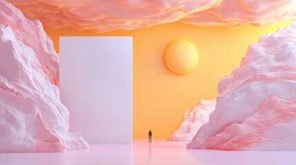 Poster - abstract minimalist scene with pink mountains sun and blank canvas
