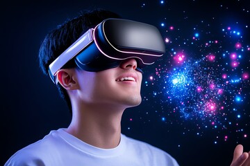 Poster - A person using virtual reality (VR) goggles, fully immersed in a digital environment