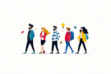 A diverse group of five people walking together in a colorful, modern illustration, showcasing friendship and collaboration.