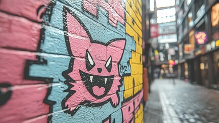 Poster - Colorful Graffiti Monster on Brick Wall in Urban Alleyway