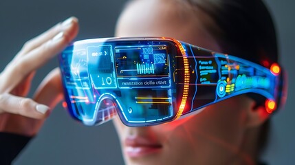 Poster - Close-up shot of a woman wearing futuristic glasses with a digital interface, showcasing the possibilities of technology and innovation.