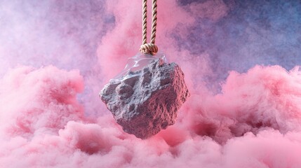 Poster - Abstract Rock Hanging From Rope with Pink and Purple Smoke Background