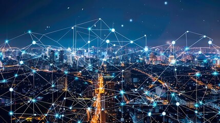 Poster - Nighttime aerial view of city illuminated by lights with network of digital connections superimposed on cityscape for symbolizing interconnectedness of modern world concept.