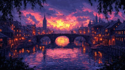 Wall Mural - Sunset Over Cityscape with Bridge and River