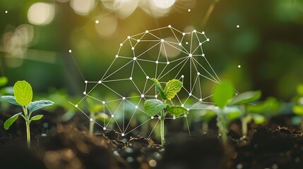 Wall Mural - close-up of young plants growing in soil, with a network of white dots and lines symbolizing technol