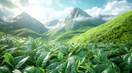 Wall Mural - Lush Green Tea Plantation with Mountain View