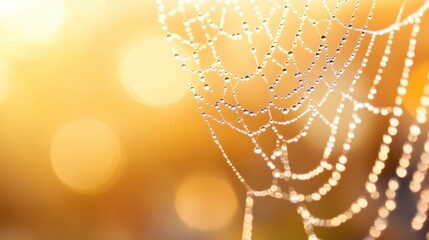 Canvas Print - A spider web glistens with dew drops as morning light filters through, highlighting its intricate design in the early hours