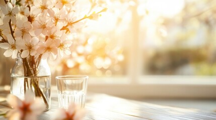 Poster - A beautifully arranged table featuring cherry blossoms creates a warm and inviting spring ambiance by a sunlit window