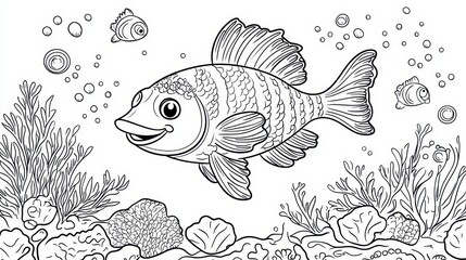 Black and White Illustration of a Fish Swimming Near Coral Reef