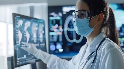 Poster - doctor in a lab wearing a face mask and protective eyewear, is analyzing data on a computer screen. 