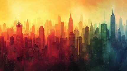 Wall Mural - Cityscape Silhouette with Gradient Sunset Colors