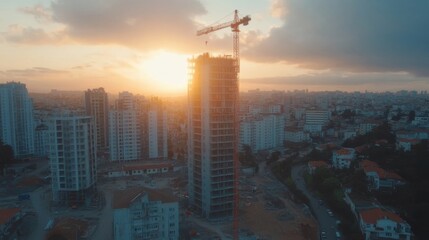 A tower crane operates at a residential construction site, with the sun setting over the city skyline, illuminating the building activity