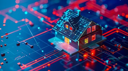 Poster - house on a circuit board symbolizing the integration of smart technology in homes of the future. thi