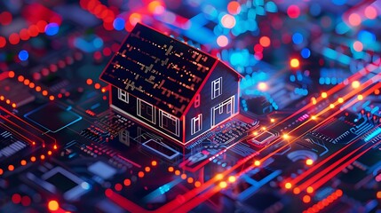 Poster - stylized of a house on a circuit board, symbolizing the concept of smart home technology and automat