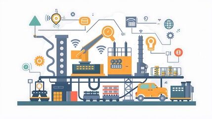 Poster - illustration of a smart factory with automation, robotics, and internet of things (IoT) technologies.