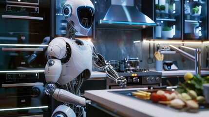 Futuristic robot cooking in smart home kitchen AI generated image