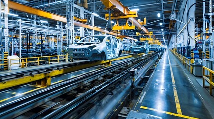 Poster - Modern car assembly line, highlighting the use of conveyors, cranes, and automated machinery in the production process.