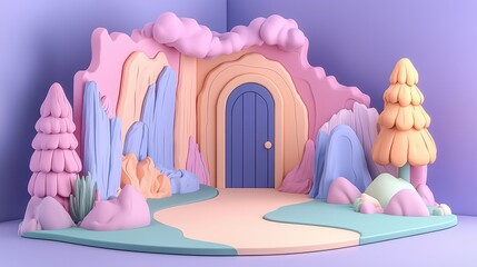 Poster - Cartoon Colorful Landscape with Door  Pink and Blue Trees and Clouds   D Render