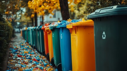 Colorful Recycling Bins with Recycling Symbol and Scattered Waste