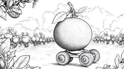 Giant Orange on Wheels in an Orange Orchard