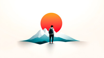 A person standing in front of a stylized mountain landscape with a vibrant sun setting in the background, evoking adventure and exploration.