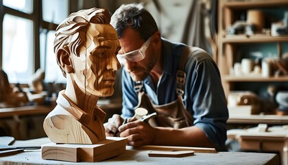 Artisan at work shaping wood in a bustling workshop, showcasing dedication and craftsmanship through blurred focus and motion