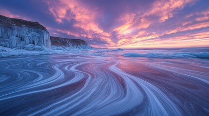 Poster - Abstract Ice Patterns on Frozen Ocean at Sunset