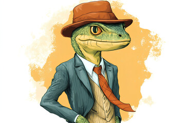 Wall Mural - caracter cartoon lizard wears anime style suit and hat