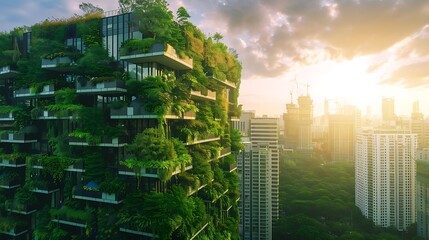 Wall Mural - Green skyscraper stands out in the urban jungle, showcasing sustainable architecture with lush greenery covering facade. The golden hour sunset casts a warm glow on the cityscape.