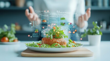 A chef presenting a digital interface with food data above a fresh salad, blending technology and culinary art.