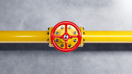 Poster - yellow gas pipe. pipeline with red valve. pipe near gray wall. gas pipe with pressure valve. pipelin