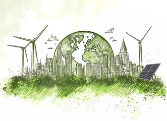 Green drawing of the Earth with wind turbines, solar panels, and a city on a white background. Concept for an eco-friendly energy power plant or ecology technology